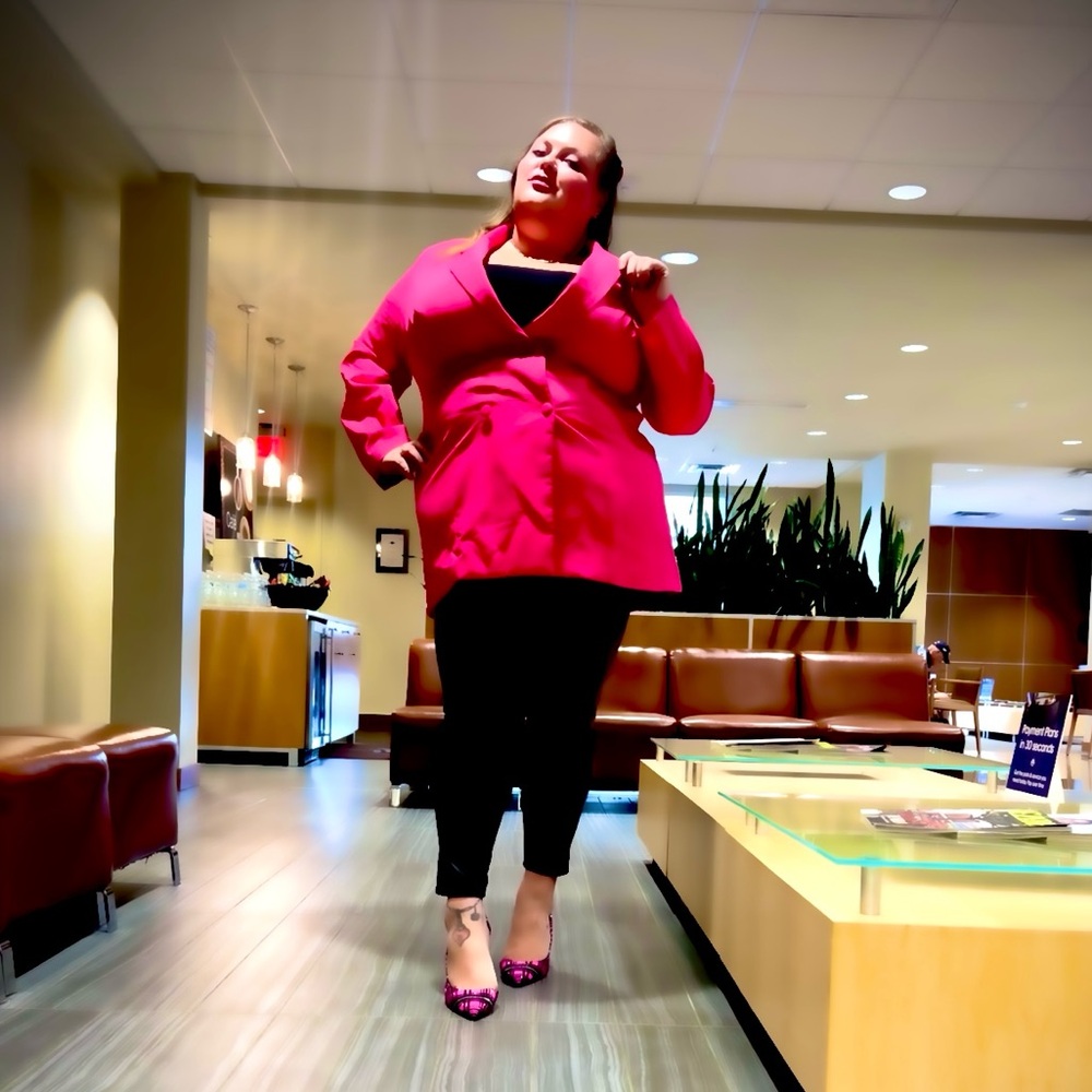 Fuchsia pink blazer dress.